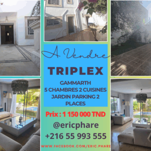 Opportunité spacieux triplex S5 avec jardin parking a vendre sur Gammarth résidence