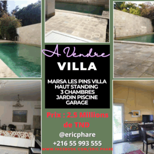 Banlieue Nord Marsa Les Pins belle demeure de type villa avec jardin terrasse piscine et garage à vendre